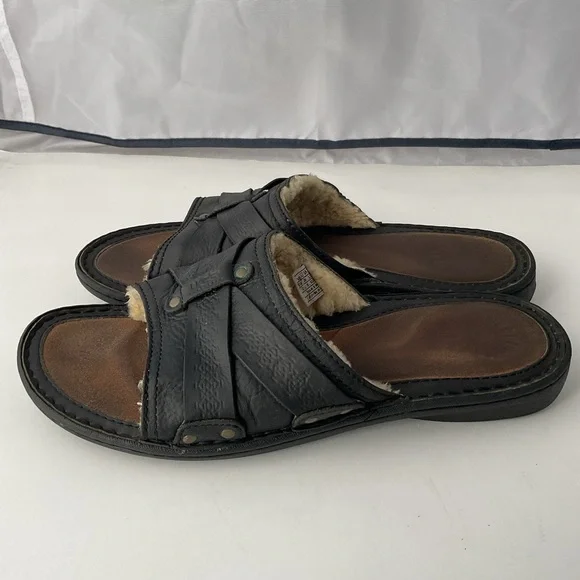 UGG Wainscott Black Leather Cross Strap Luxury Sandal Slides Mens Size 12 - Picture 4 of 10